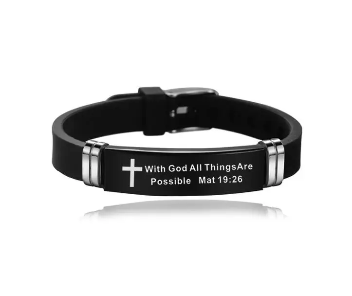 New Design Bible Verse Bracelets Men Silicone Bracelet Bible Prayer Quotes Christian Prayer Cross Engraved Statement Bracelet