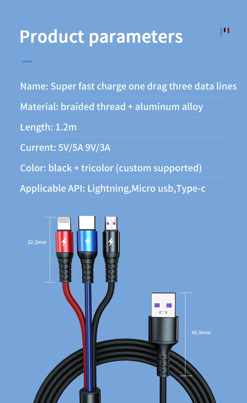 Phone accessories 5A super charge USB cable 3 in 1 fast Charger cable 2.0 type-C c-type data usb cable CE ROHS FCC - ANKUX.COM