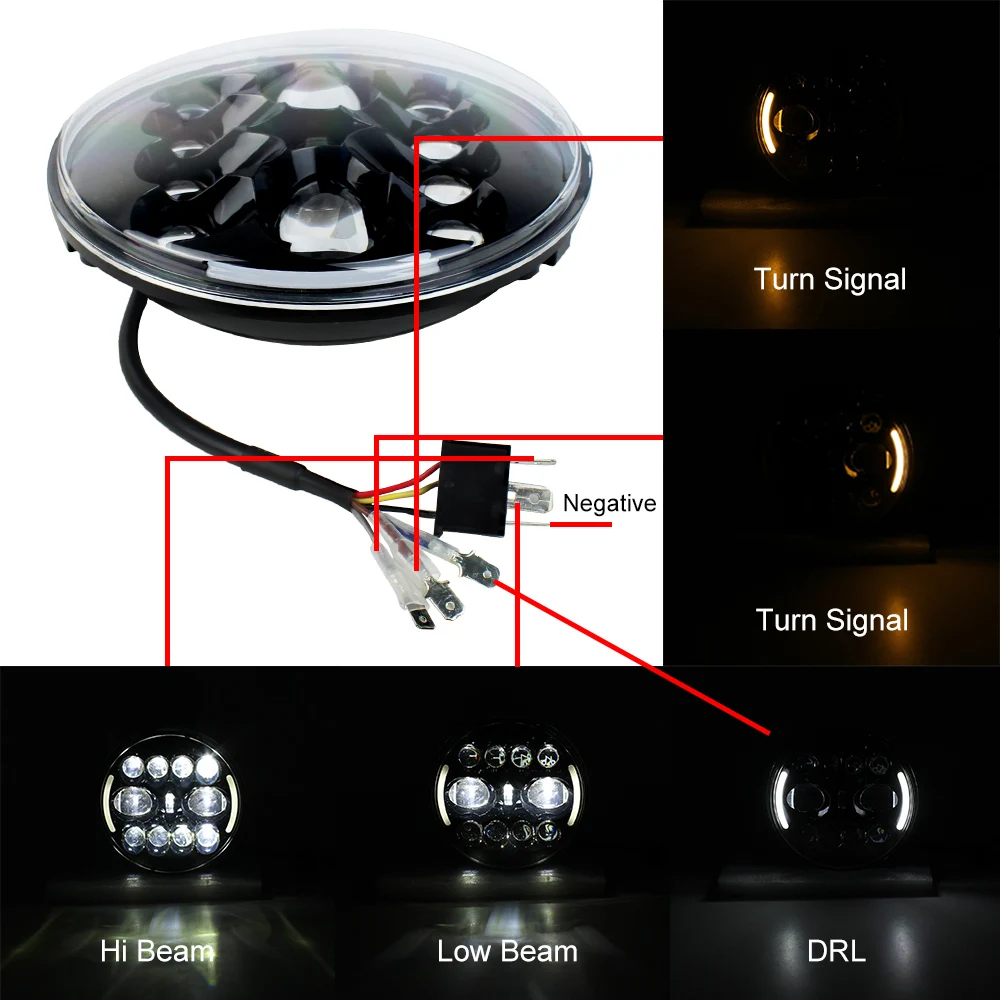 7'' Round Black LED Headlight High Low Beam DRL Turn Signals Compatible with Jeep Wrangler JK TJ