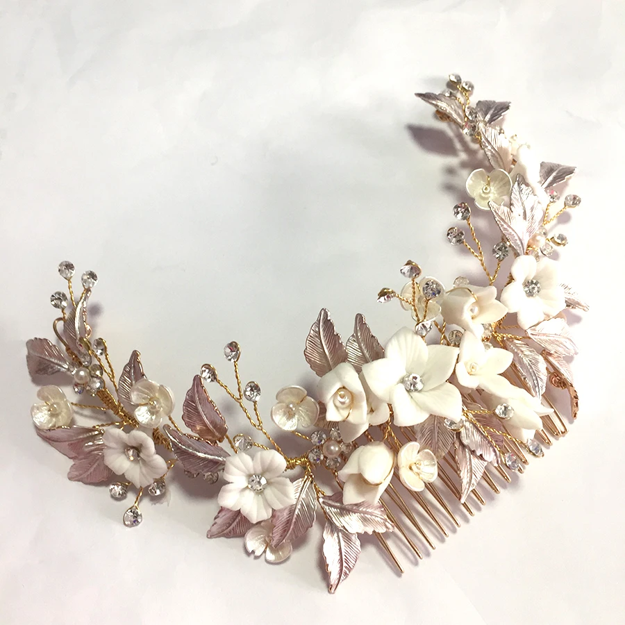 

ES119 NEW large wedding hair clip White Ceramic Flower hair comb rhinestone bridal headpiece