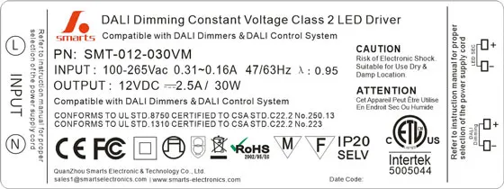 ETL FCC CE ROHS certified 12v 30w dali dimmable constant voltage mr16 led driver
