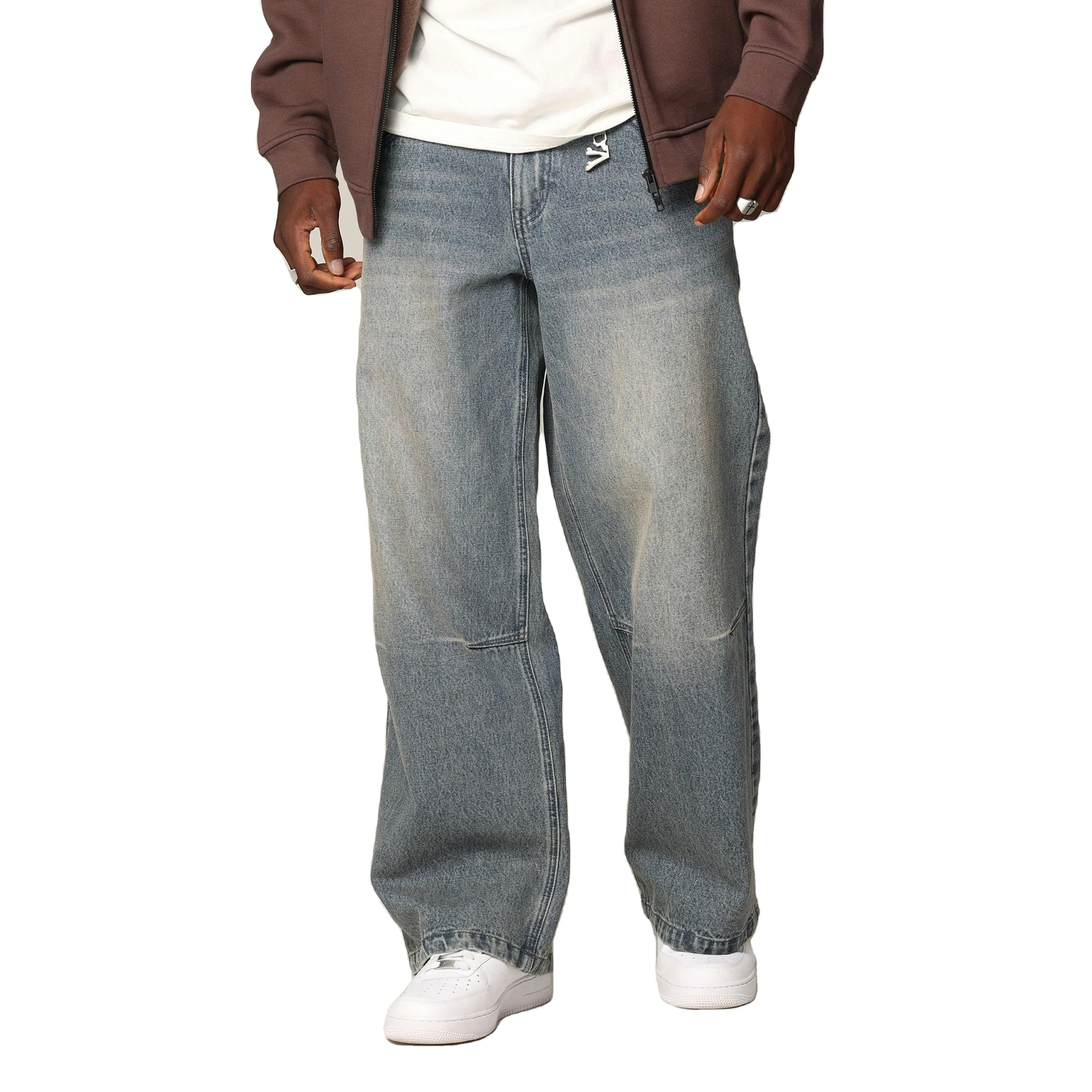 Shop Trendy Pleated Knee Baggy Denim Jeans with Custom Logo