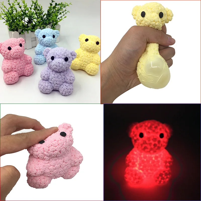 Tpr Rose Bear Flashing Led Puffer Ball Squeeze Bear Mini Squishy Fidget 