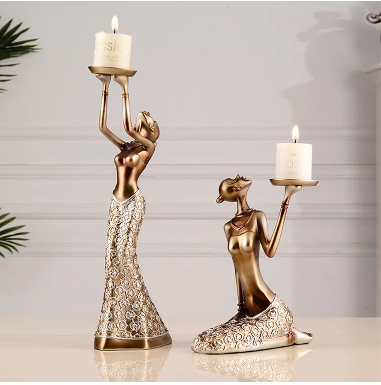 Gold Color Plated Lady Figurine Home Deco Resin African Tea Light Woman Candle Holder Beauty