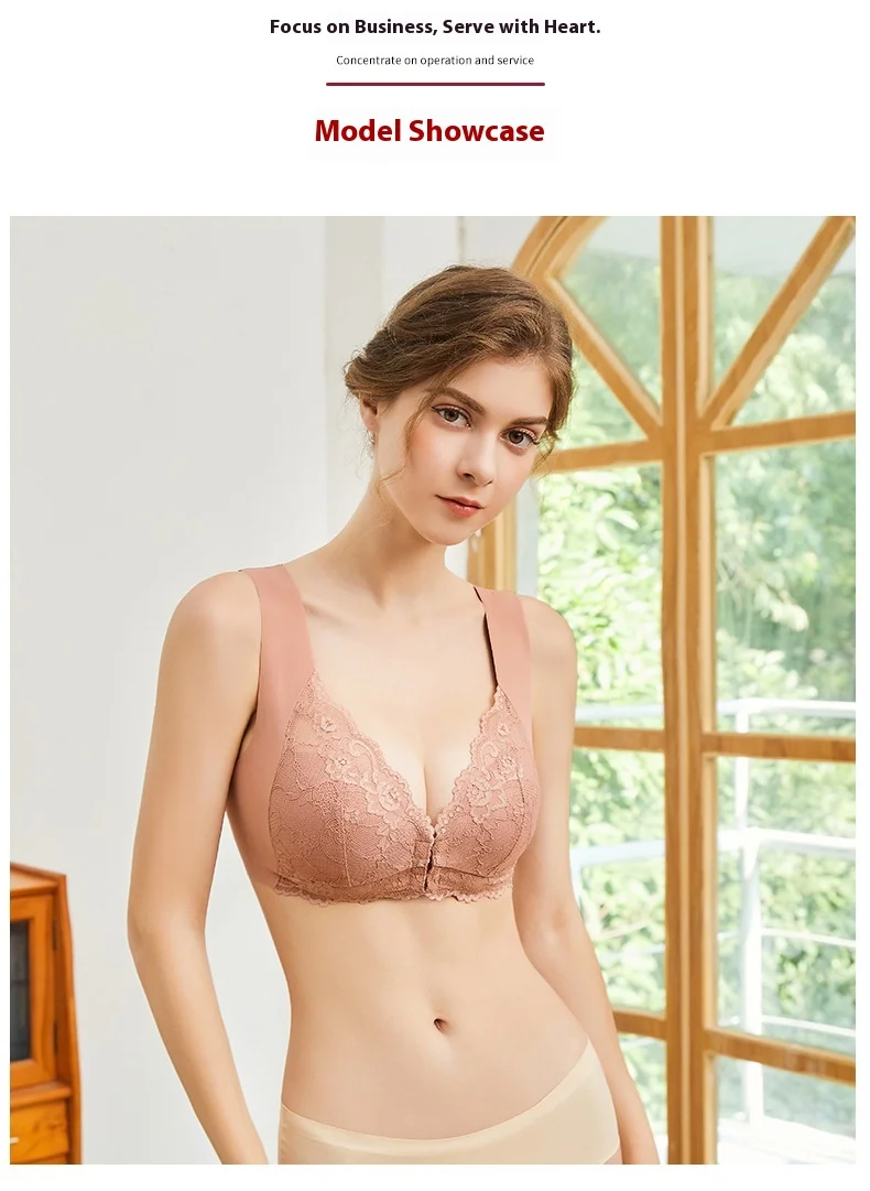 Cross-Border Ladies Seamless Thin Bra Large Size Front Opening Buckle Sexy Lace Steel Ring Back Customizable Cup Wholesale