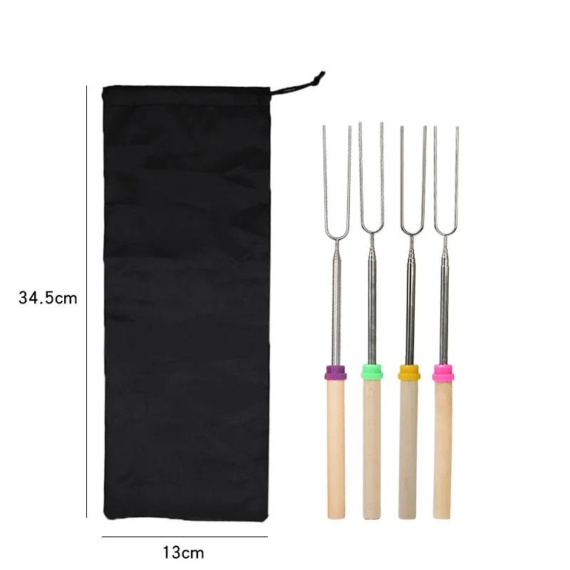 BBQ Festival Korean Outdoor Stainless Steel Polished Telescopic Barbecue Fork U-Shaped Wooden Handle Stick Skewers Portable details