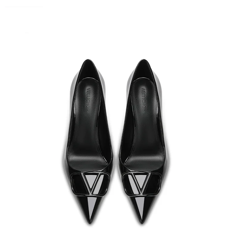 Custom Shoes V House Pointed Fine Heels Patent Leather V-buckle High ...