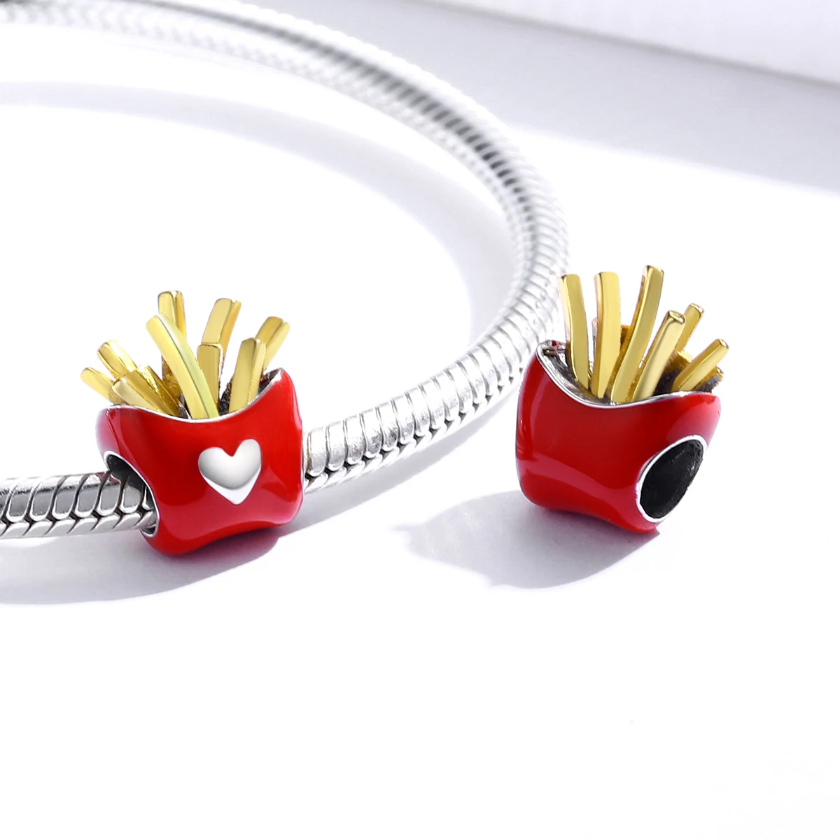 925 Sterling Silver Bead Red Enamel Fit Original Bracelet Necklace DIY Jewelry Accessories WOSTU Delicious Fries Charm