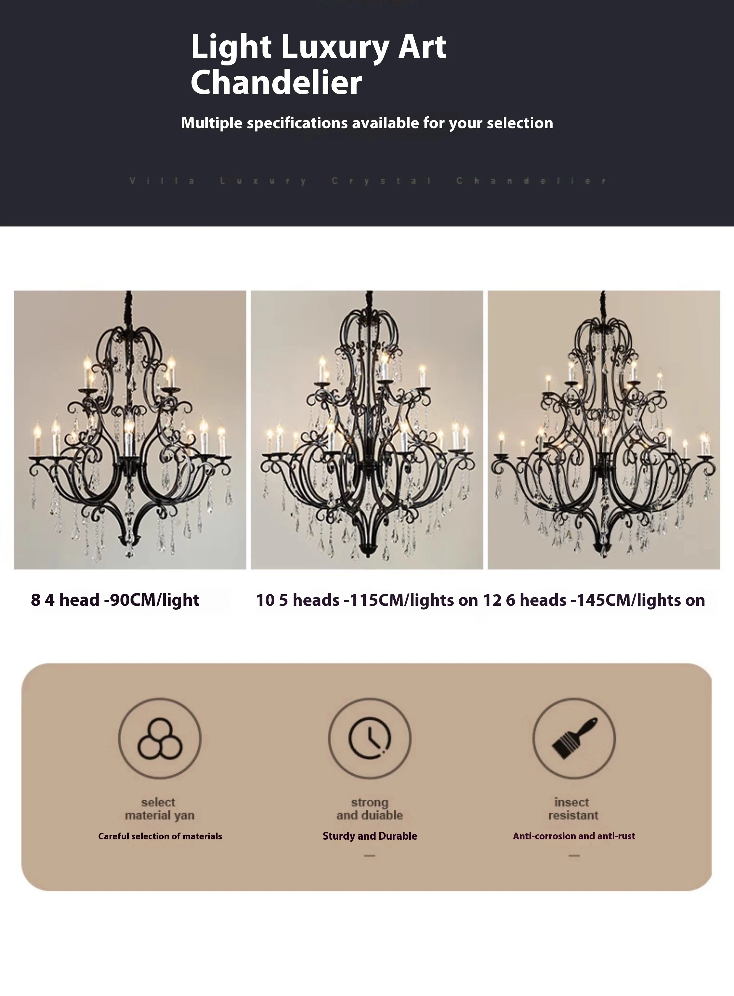 product large vintage retro brass black metal crystal chandelier customized home decor pendant light-2