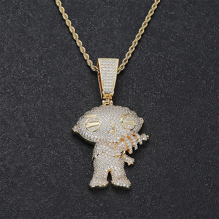 JWY Fine Jewelry Hip Hop Cartoon Stewie Griffin Pendants Charms with 3MM 20 Inches Rope Chain