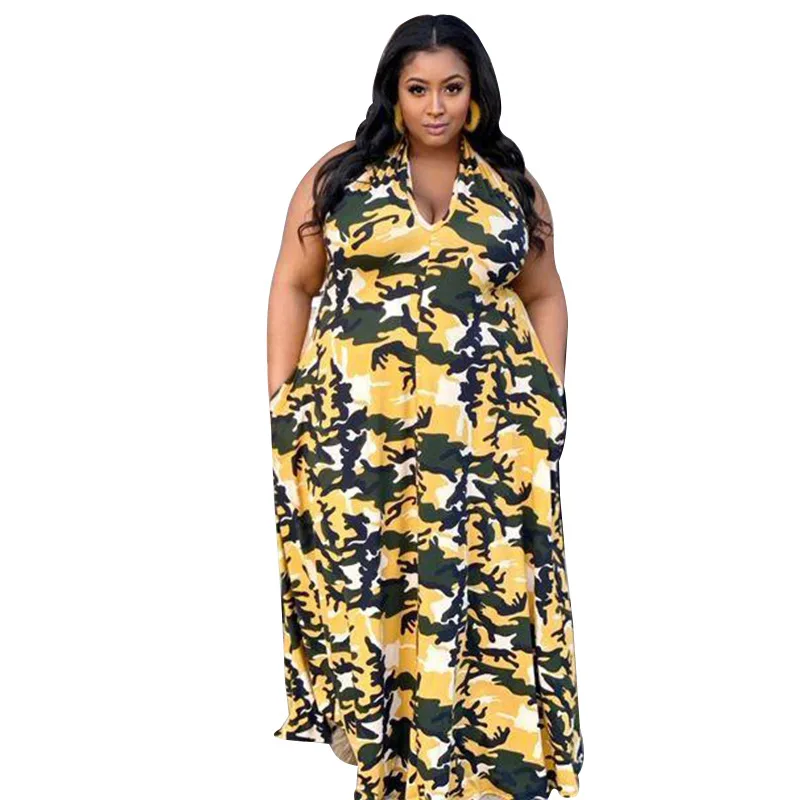 Woman Summer Camouflage  Strapless Long Sleeveless Plus Size Print Dress