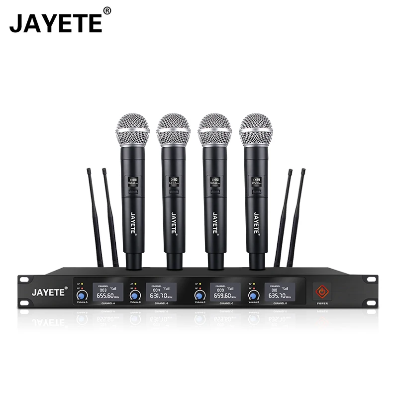 Professional 4 channel UHF wireless microphone System with four handhelds  headsets Dynamic Mic