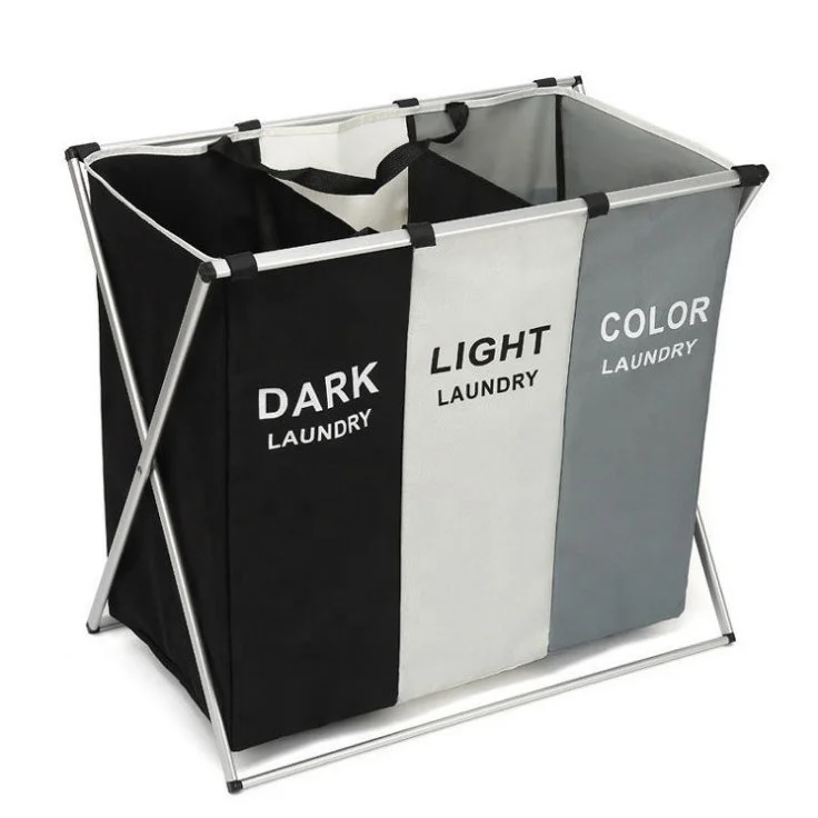 Large 3 Section Laundry Bag X Shape Grey Collapsible Laundry Basket