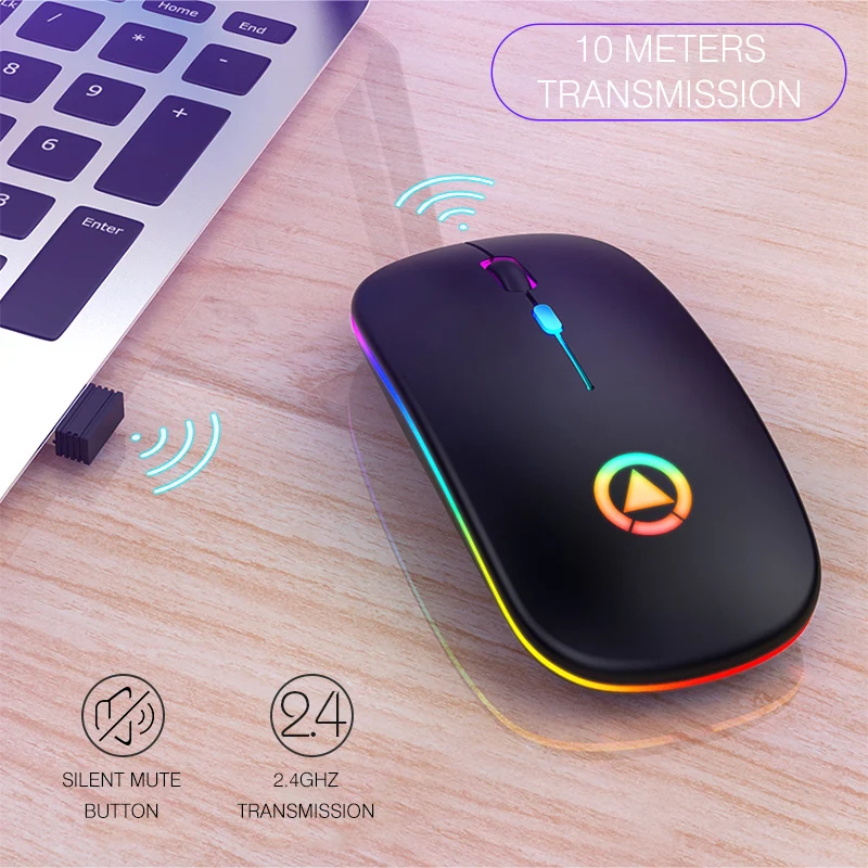Thin Slim 2.4G Optical Computer Mouse 1600 DPI Adjustable RGB Gaming Mouse Rechargeable Wireless Mouse