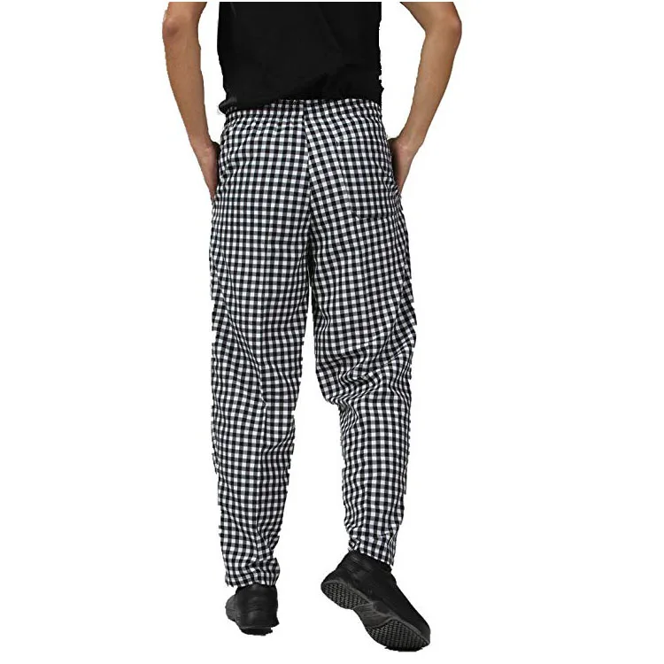 Men’s Black and White Checkerboard Print Chef Pants with Elastic Waist Drawstring Baggy Chef Uniforms 
