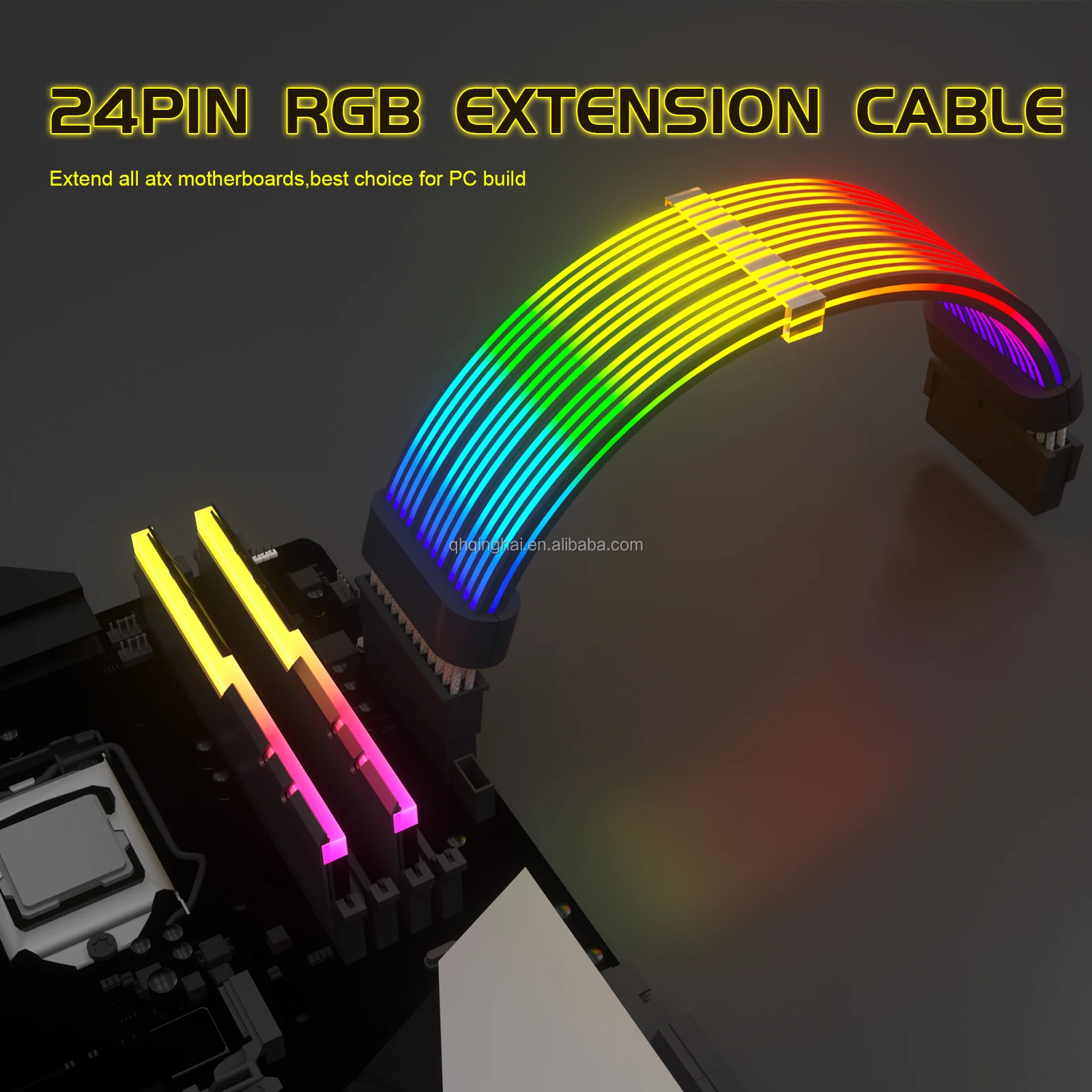 24-Pin RGB LED Strip Light Neon Line SYNC Gaming PC PSU Extension Cable ...