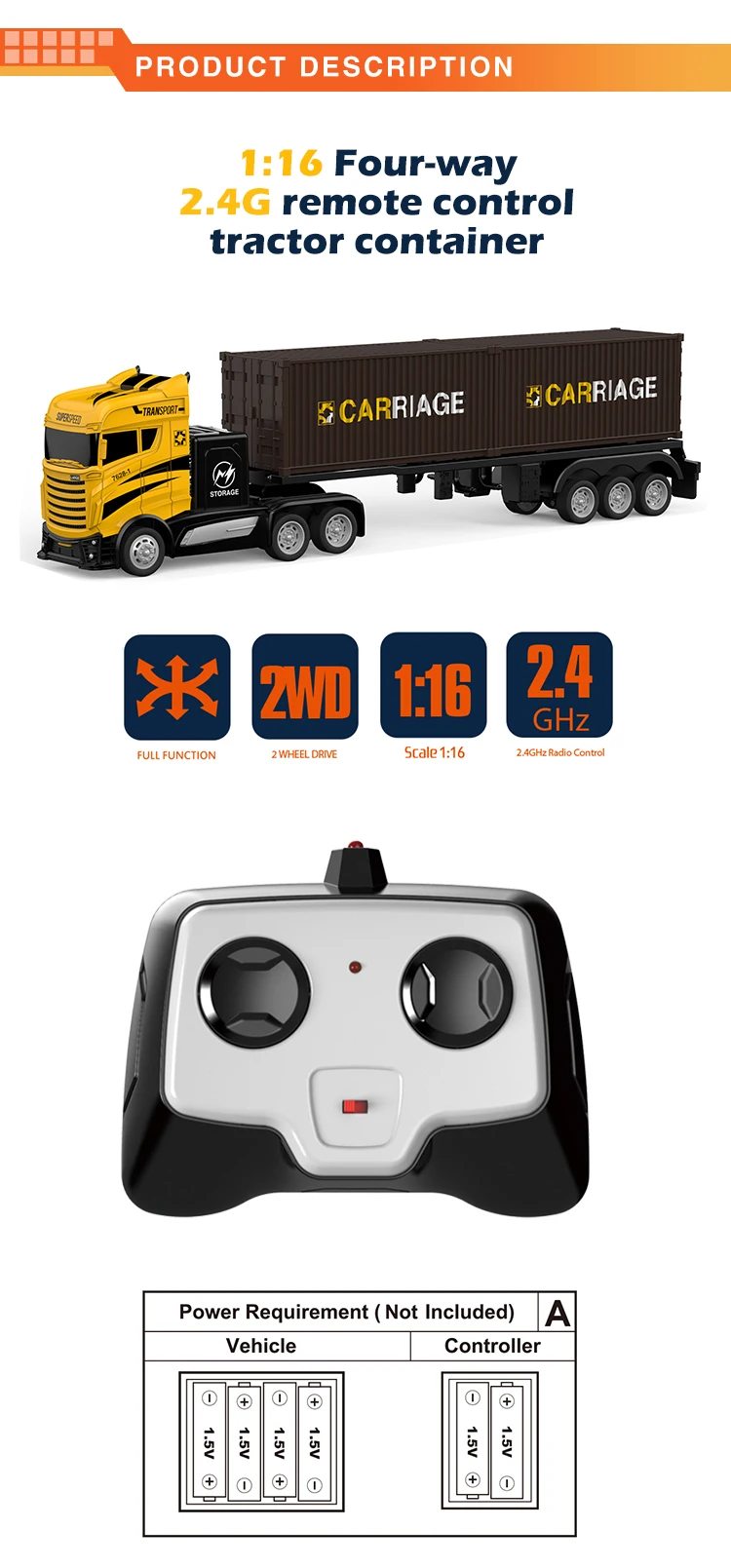 Hot sale 1:16 high simulation vehicle remote control tractor container