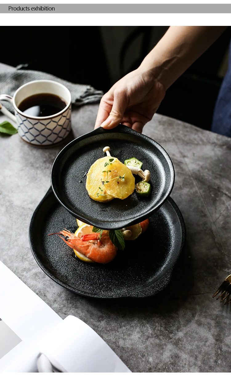 Porcelain Black Restaurant Tray Ceramic Breakable Plates With 2 Handle