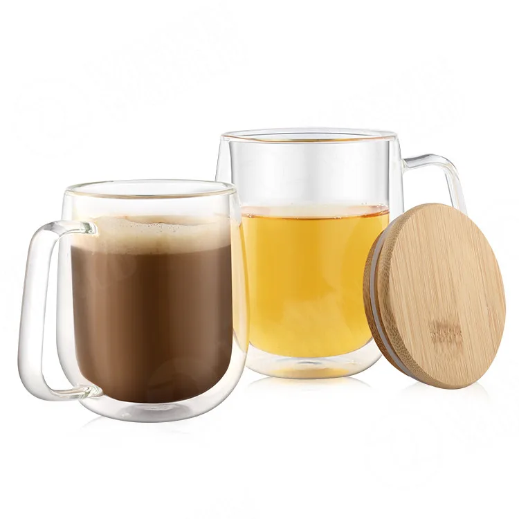 Double Walled Glass Coffee Mugs Unique Insulated Coffee Mugs With Handle And Bamboo Lid , Clear Glass Cups For Coffee Tea Latte Cappuccino Espresso