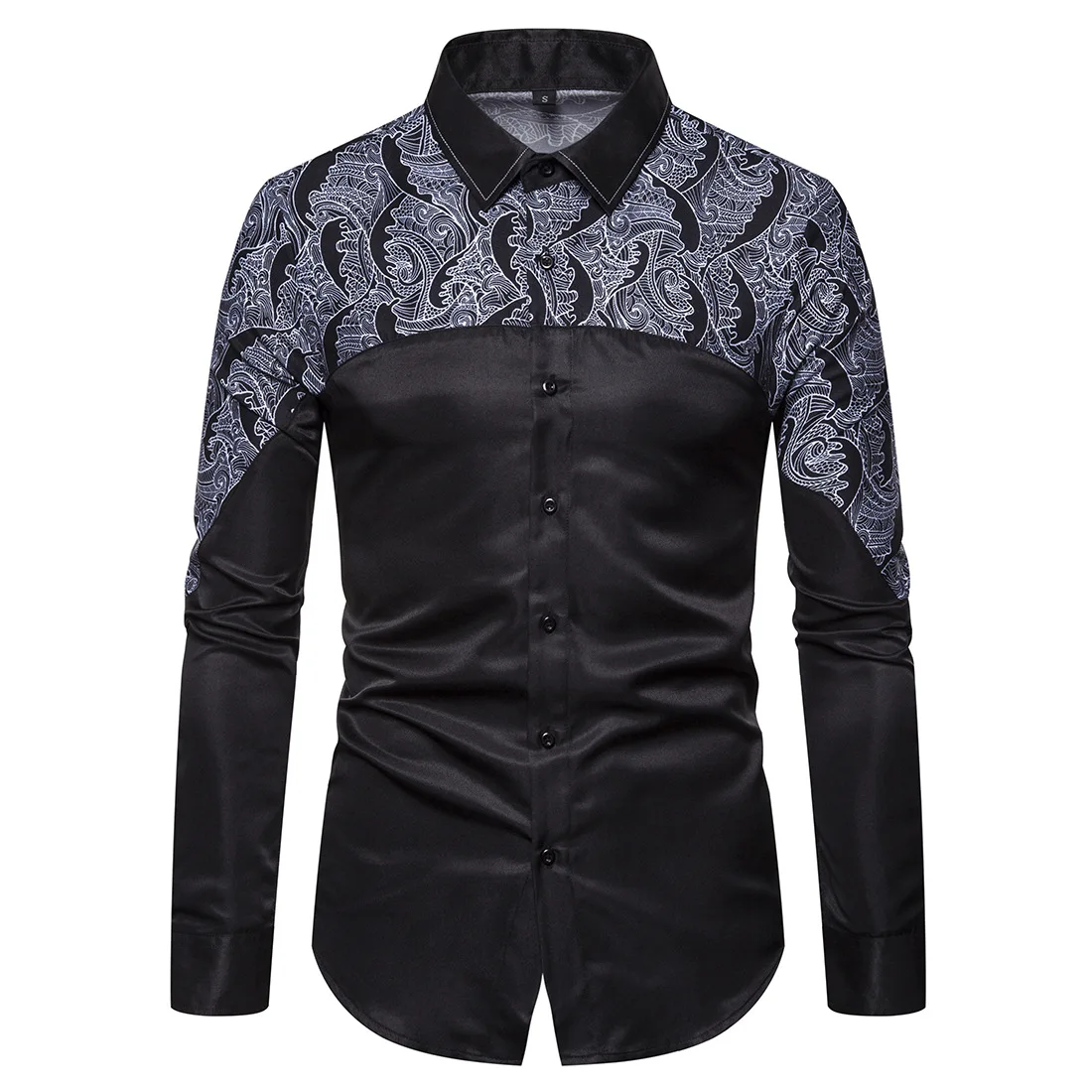 Long Sleeve Men Casual Shirts Elegant Patchwork Design Black Color