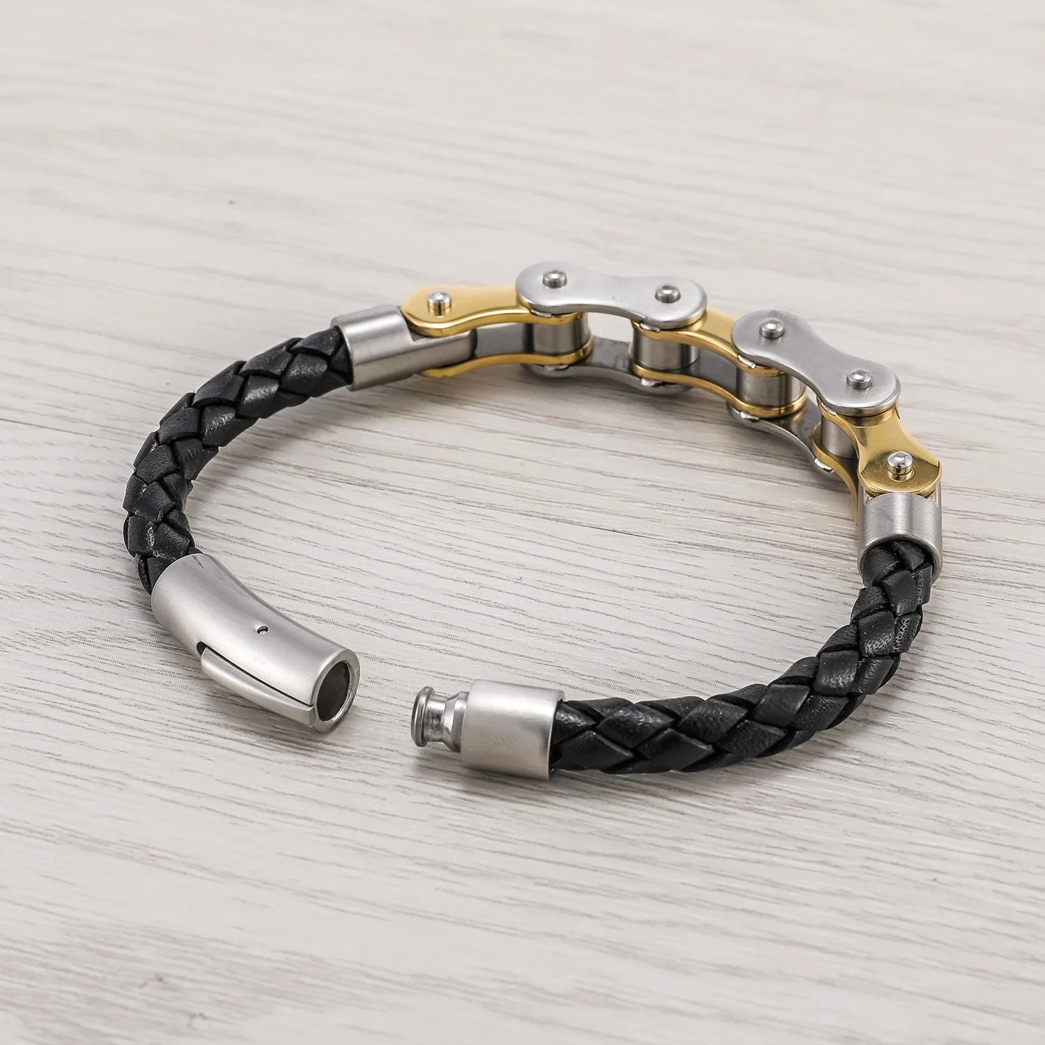 Wholesale Simply Style Men's Stainless Steel Bracelet Fashion Leather Bike Chain