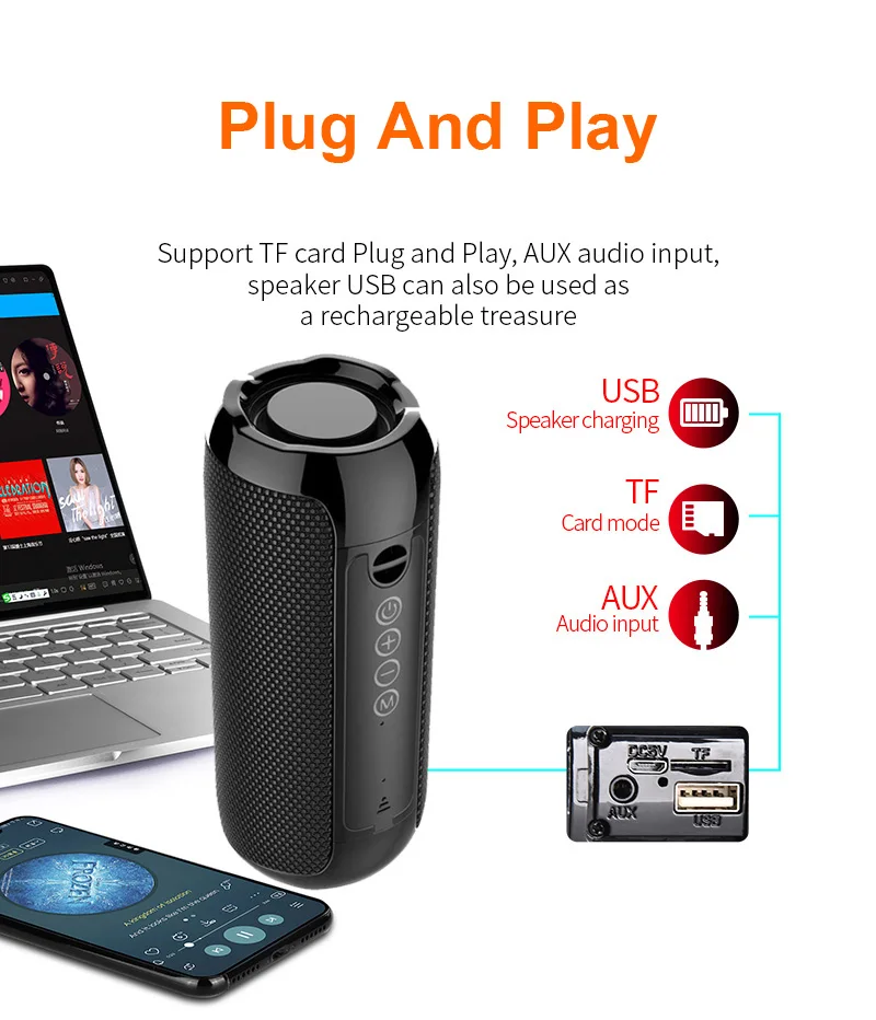 TG117 Portable Bluetooths Speaker 20w Wireless Bass Column Waterproof USB Speakers Support AUX TF Subwoofer Loudspeaker - ANKUX.COM