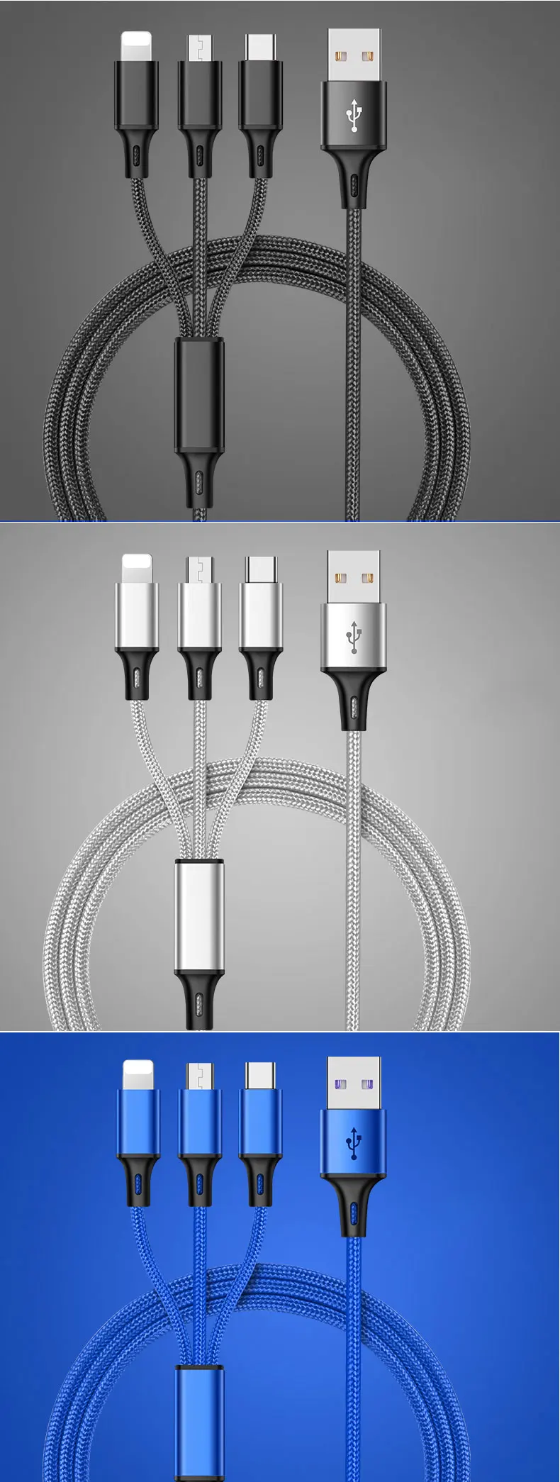 3 in1 Multi Charger Cable Cord IOS Type C Micro USB Data Sync Fast Charging - ANKUX.COM