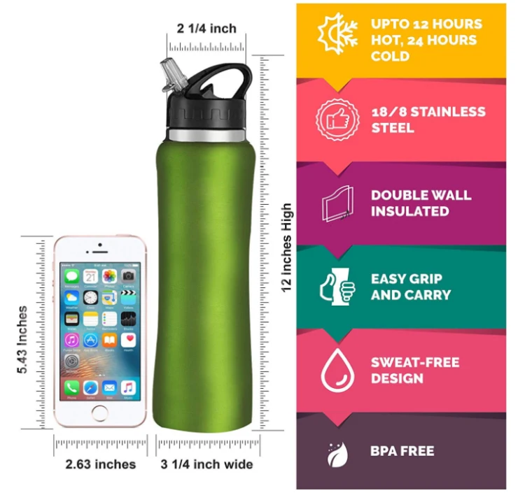 Cheap Silicone Straw 18/8 Stainless Steel Thermal Drinking Water Bottle