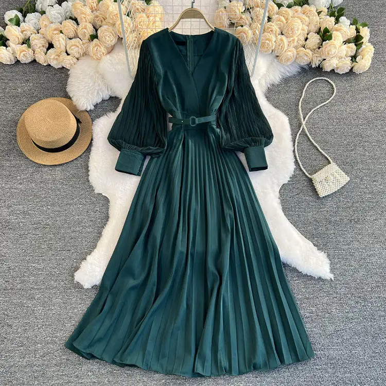 2022 Spring Pure Color Lantern Sleeve V Neck Dresses With Belt Pleated ...
