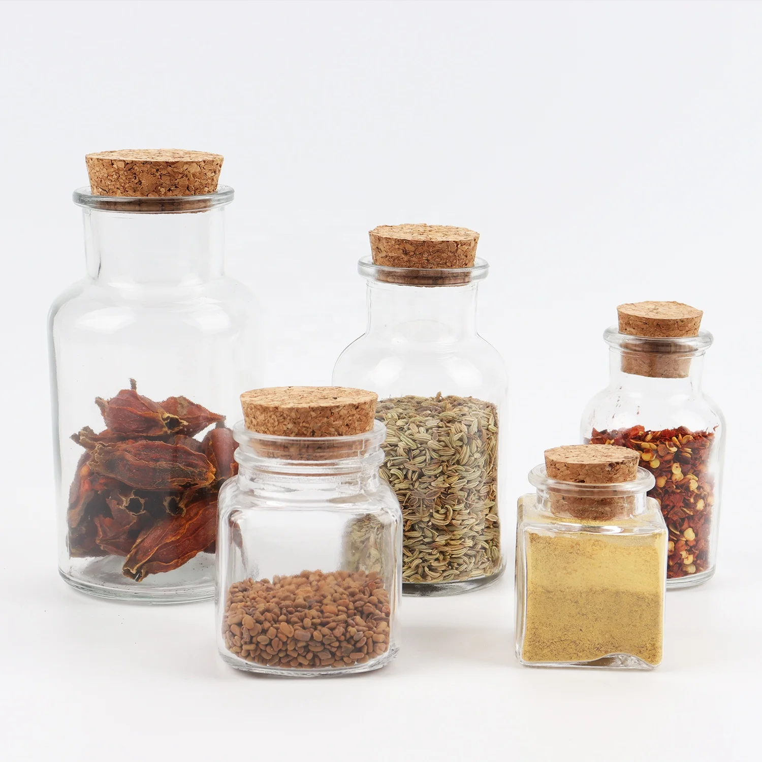 
3oz 5oz 8oz small square spice glass jar with cork lid wood stopper bottle 