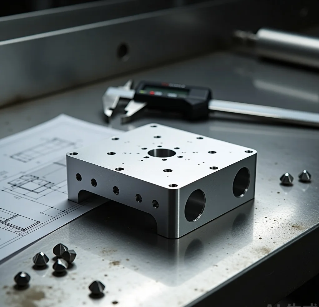 CNC machined aluminum robotics bracket with visible toolpaths