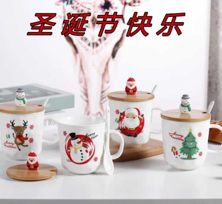 UCHOME New Christmas Ceramic Cup 3-D cartoon with lid spoon mug cup wholesale