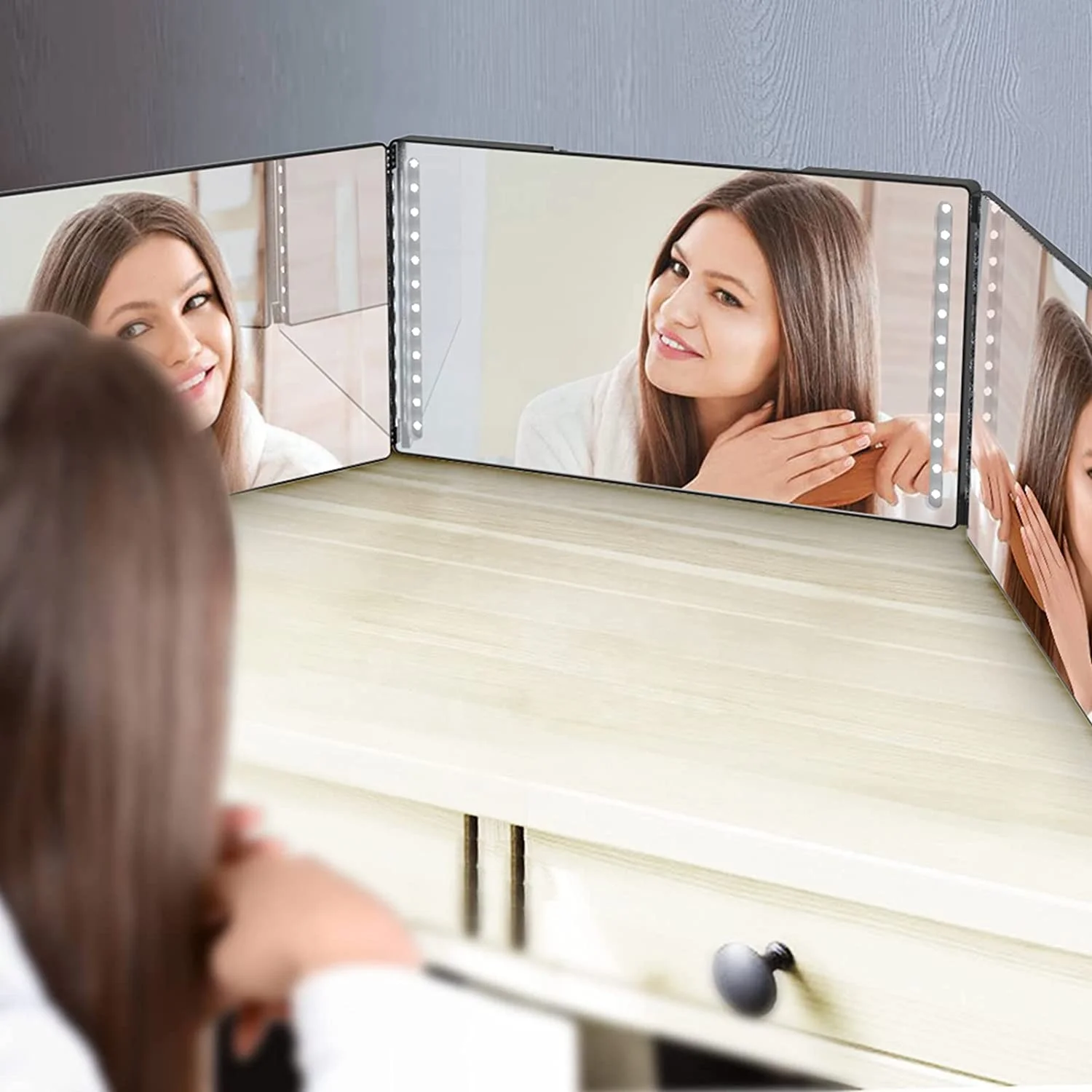 Biumart New Makeup Trifold Mirror With Led Diy Hair Cut Tool Trifold