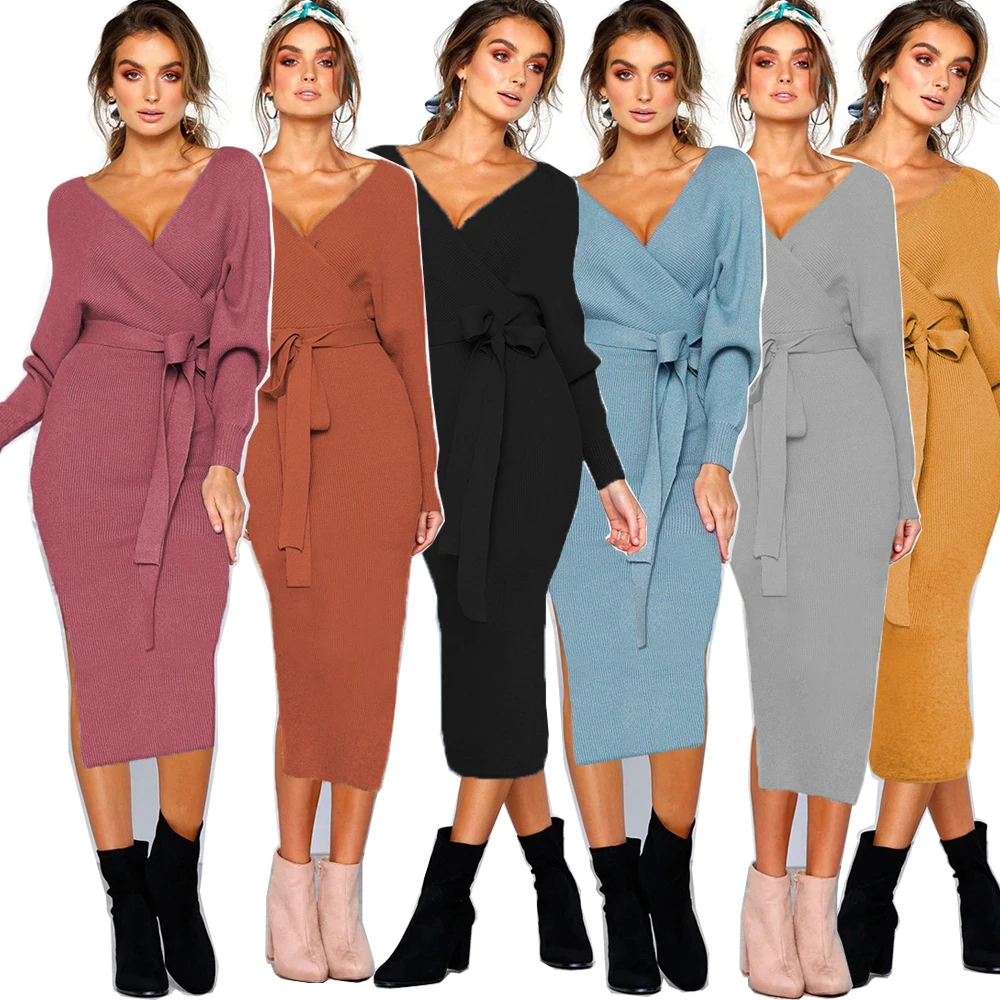 
2020 Hot Sale 5 Colors Autumn Sexy V-neck Tie Long-Sleeved Women Sweater Cloth Dress/Dresses Winter 