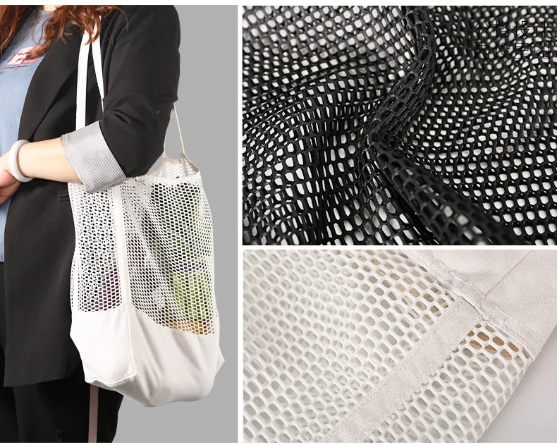 Cotton Mesh Beach Bags,Grocery Produce Tote Bag With Pockets For Gym