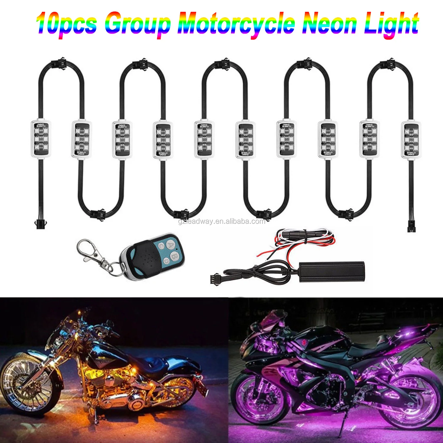 10Pcs Led Light Kits Multi-Color Wireless Remote Control Motorcycle Atmosphere Lamp RGB Flexible Strips Ground Effect Light for Motorcycle 