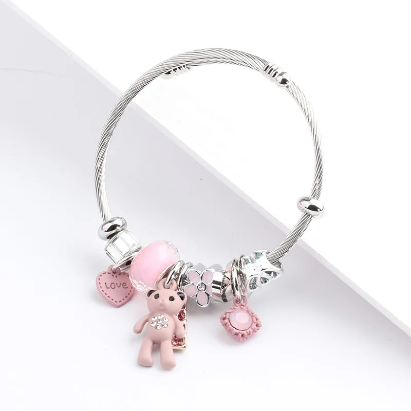 

DIY Charm Bracelet & Bangle with Bear Pendant Adjustable Chain Women Girl Party Wedding Jewelry, Rose gold