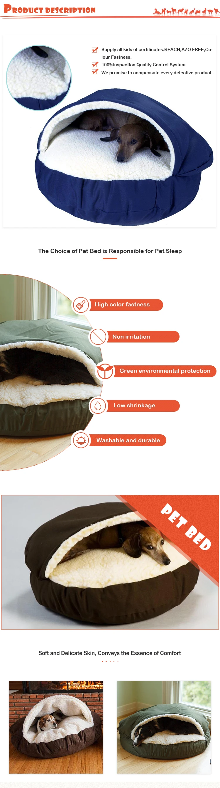 New Design small Dog Cave Bed, Stylish Hooded Pet Bed, 100% Cotton Breathable Dog Sleeping Bag