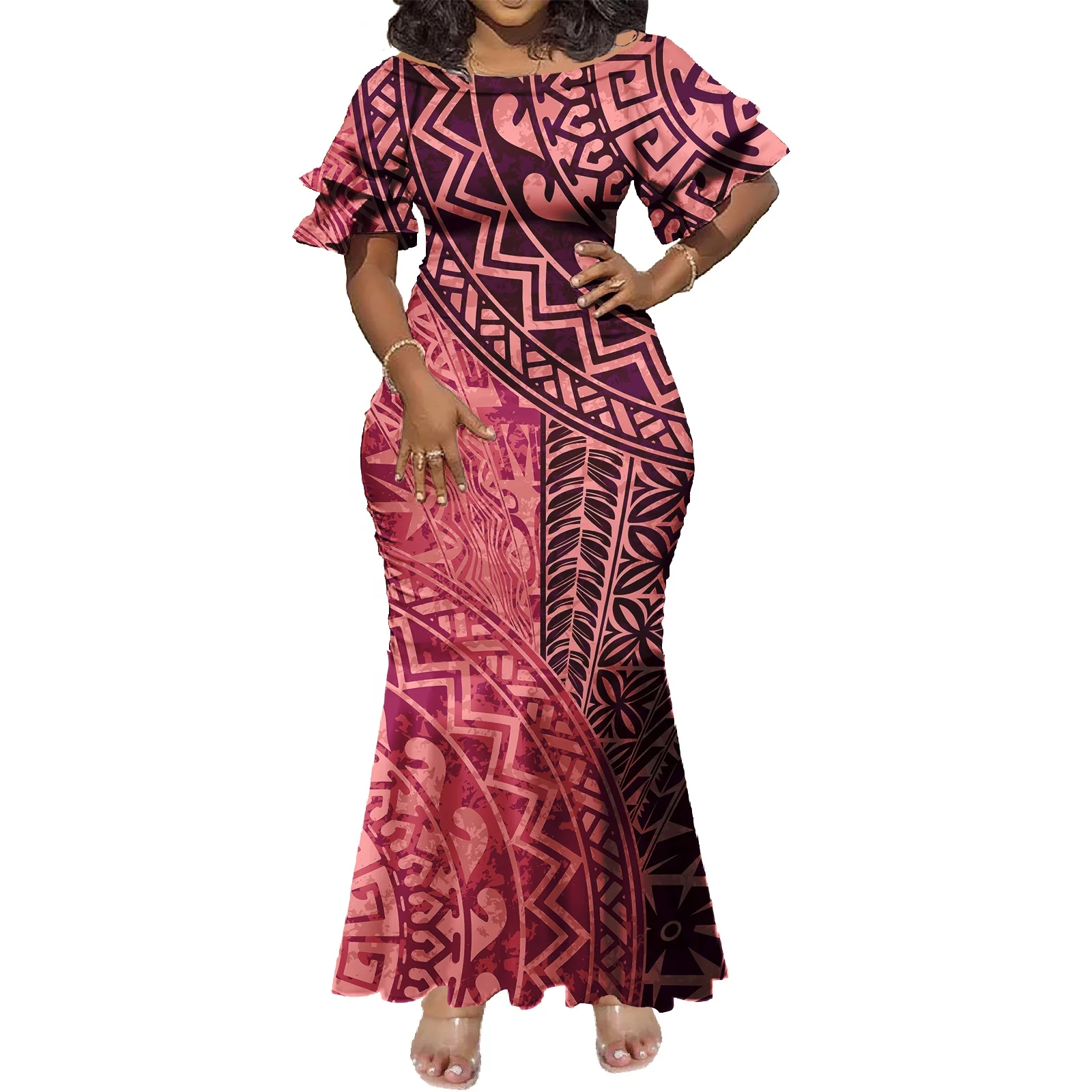samoan fashion dresses Custom Polynesian Tribal Print Layered Ruffles V Neck Samoan Puletasi Samoa Women Two Piece Set Big Size Women Dress