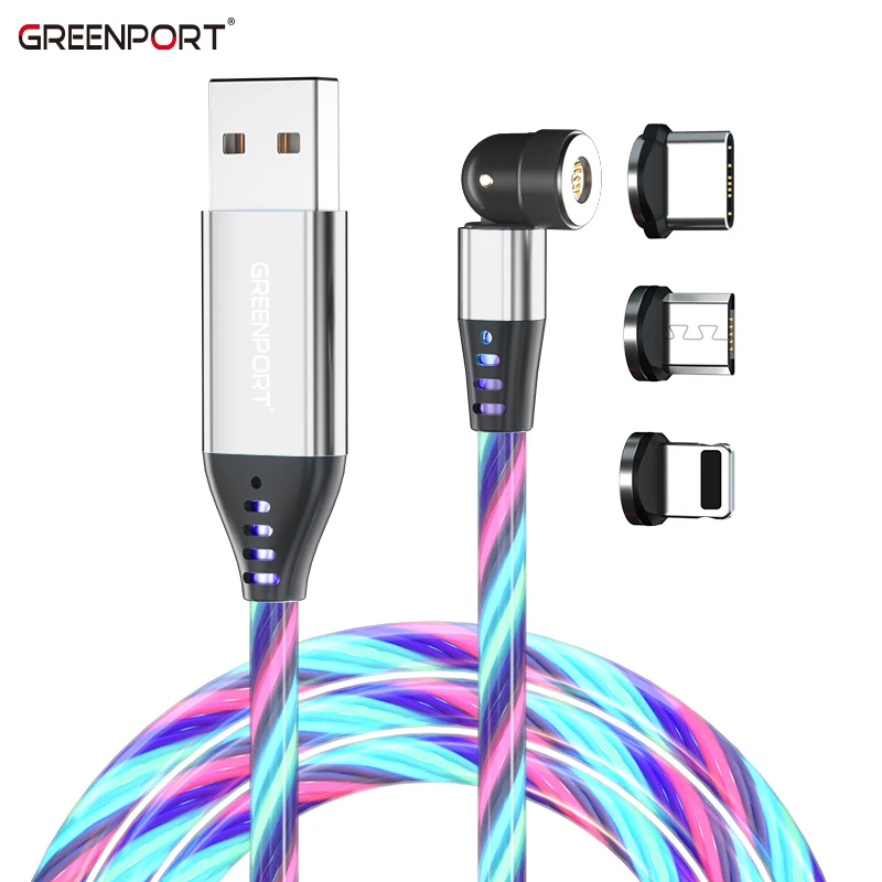 Greenport-Amazon Top Seller LED Flowing Light Magnetic Charging Cable 3 in 1 Cellphone Fast Charging Micro USB Charger Data LIne