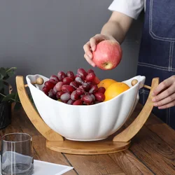 Multi-functional Bamboo Fruit Basket Ceramic Fruit Bowl With Stand Dessert Tray Vegetable Basket Portable Kitchen Salad Bowl
