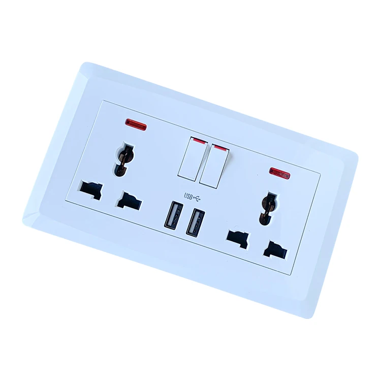 UK Standard 2G 2W Light Switch Socket 13A 250V Push Button Power Electrical Wall Double Sockets and Switches With LED Indicator