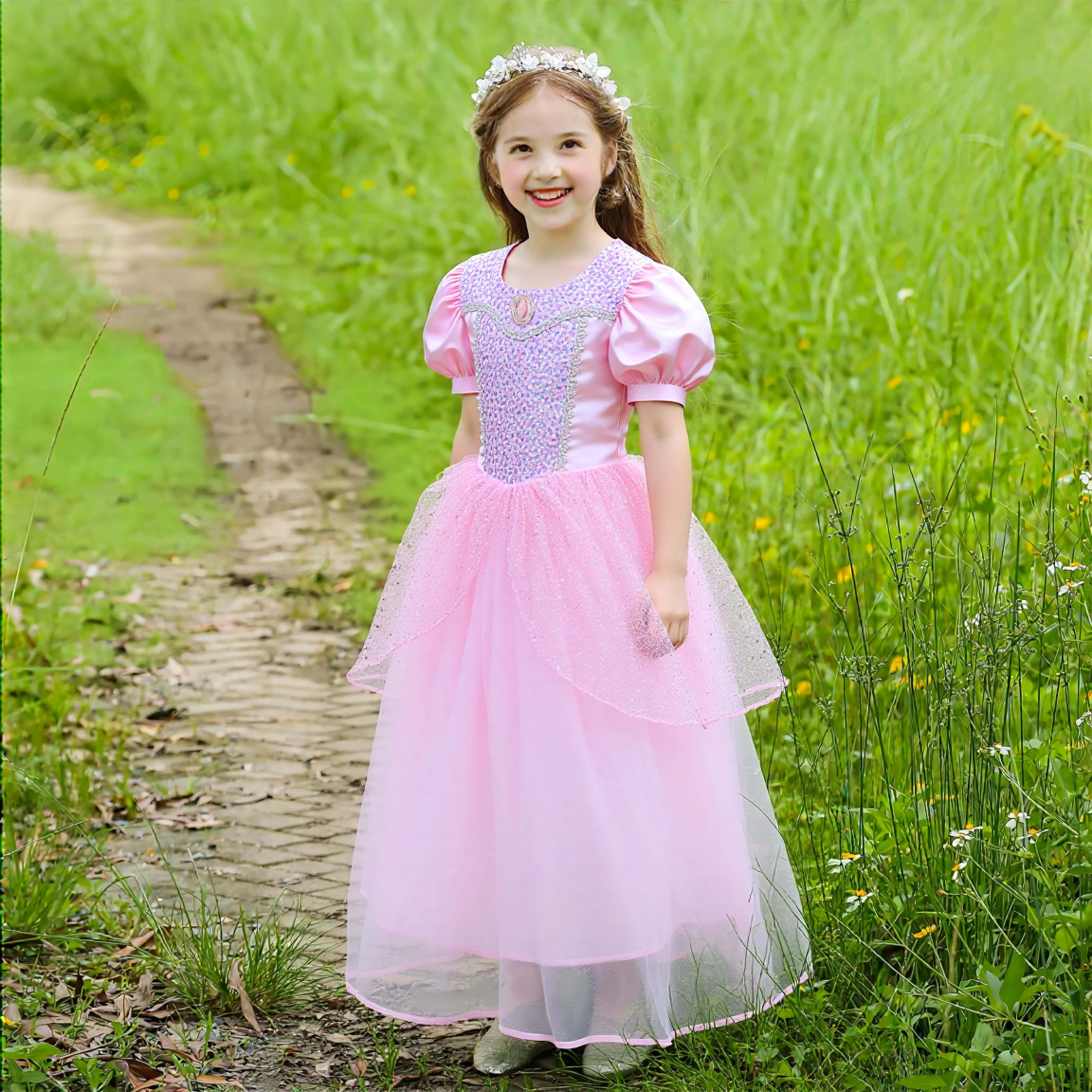 2025 New Pretty Pink Princess Dress Birthday Party Children Costume Elegant  Little Girls Fluffy Dresses