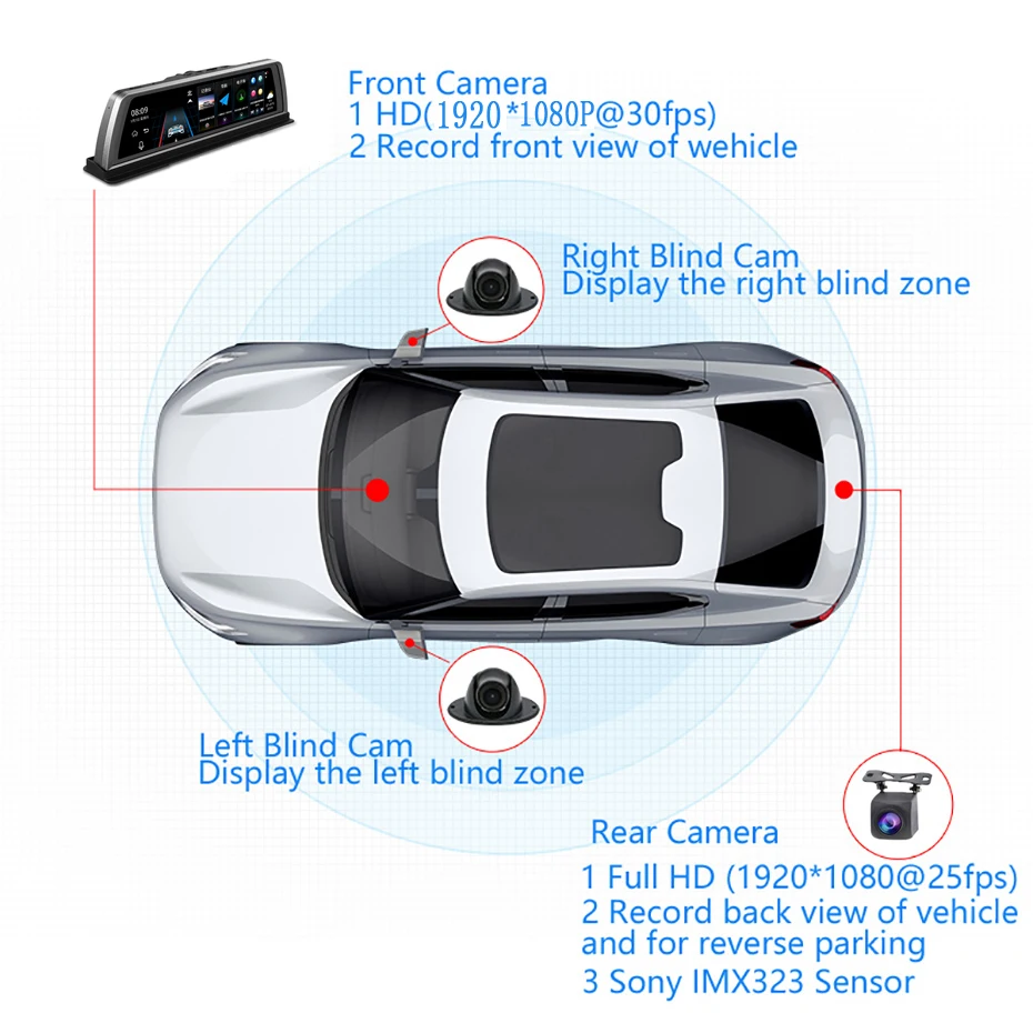 2019 New Car DVR Dash Cam 4G WiFi 4 Camera ADAS Android 10 Center Console  Mirror GPS FHD 1080P Rear Lens Video Recorder