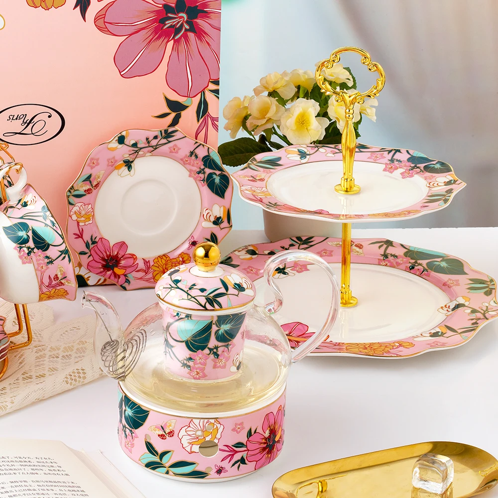 Luxury New style Elegant design ceramic Bone China tea set coffee cup and saucer with tea pot and 2 tires cake stand for gift supplier