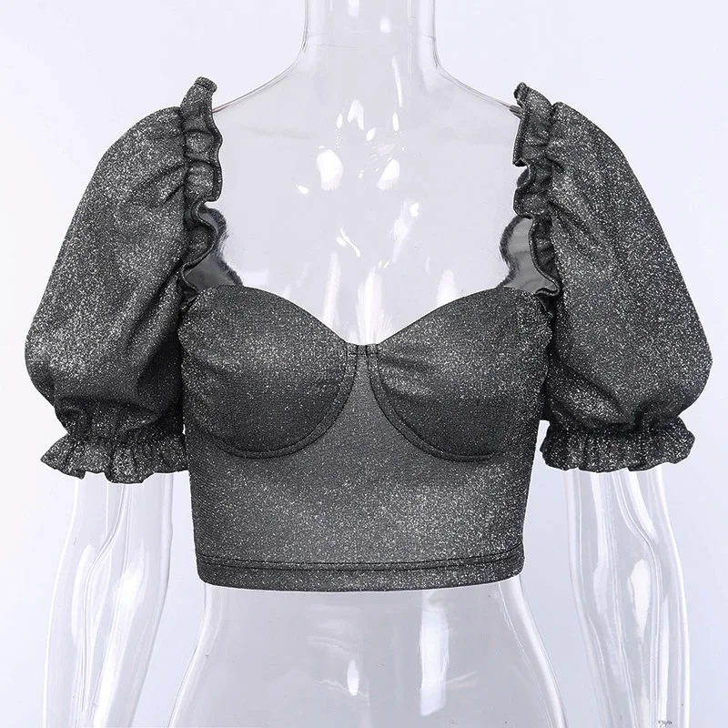 Vintage Scoop Neck Crop Ruched Short Sleeve Puff Women Blouse Buy