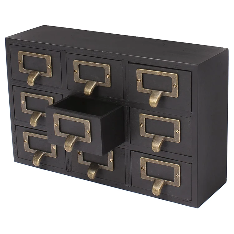 PHOTA Rustic 9 Drawers Desktop Solid Wood Apothecary Drawer Set with Metal Label Holders