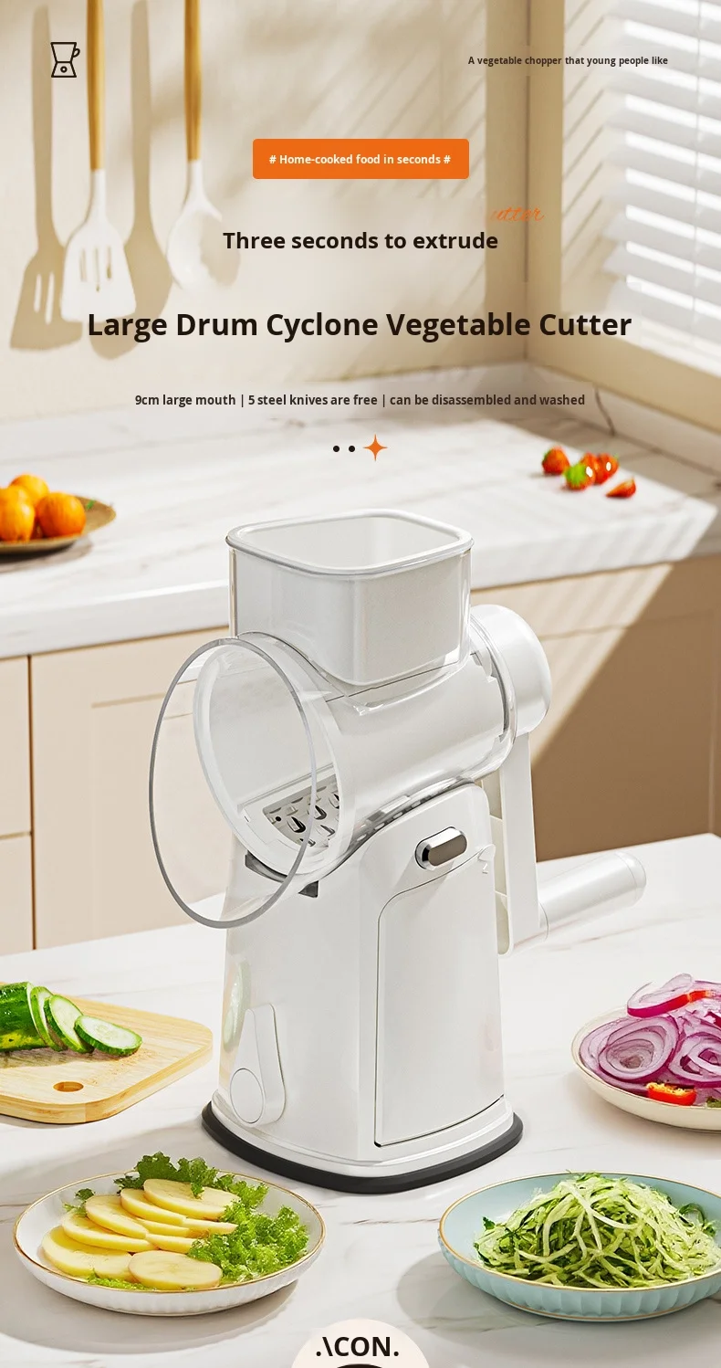Multifunctional PP Drum Vegetable Slicer Hand-Cranked Fruit/Vegetable Tool with Multiple Blade Heads Safe Usage