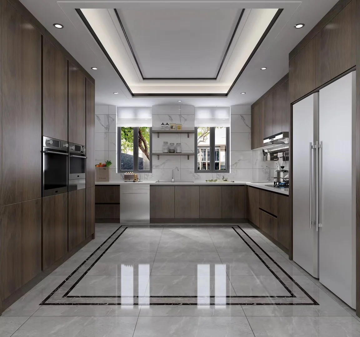 L Shape U Shape Dark Wood Texture Melamine Modular Kitchen Cabinet ...