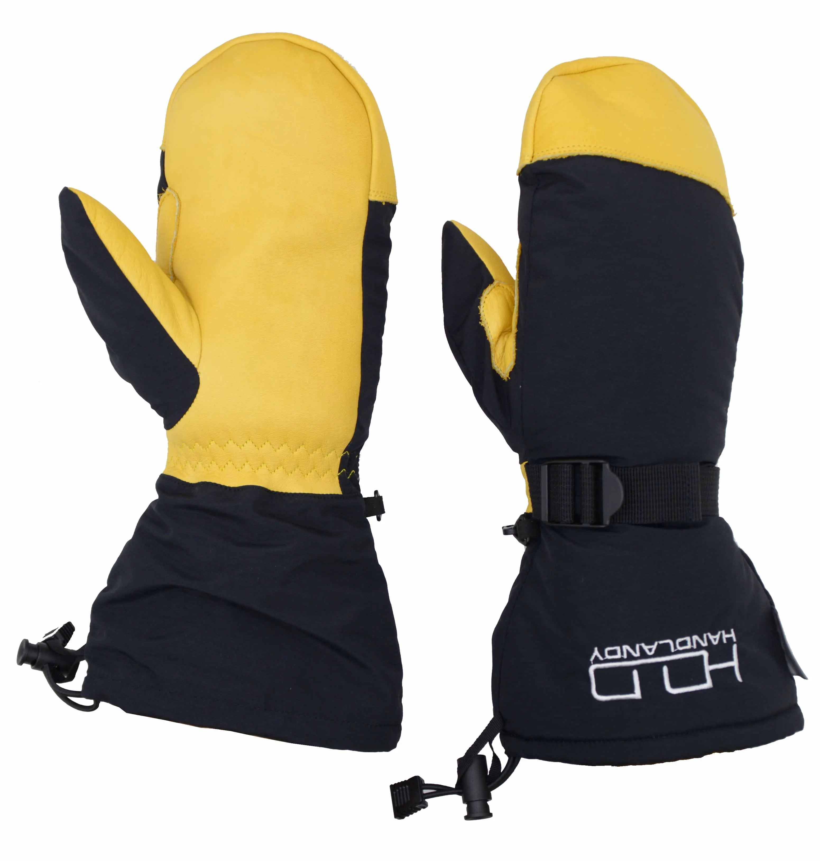 yellow leather ski gloves